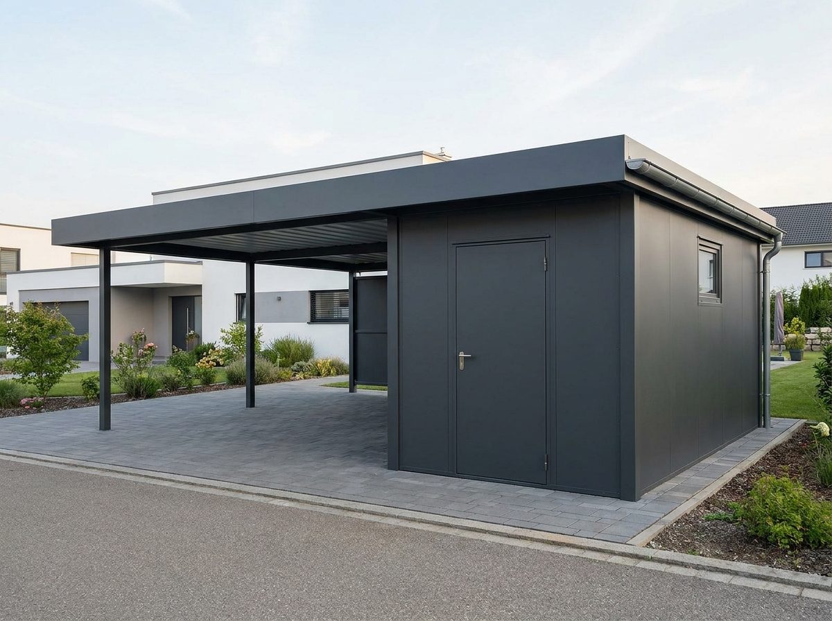 Stahl-Geraetehaus mit angebautem Carport als ein Bauwerk in Anthrazit